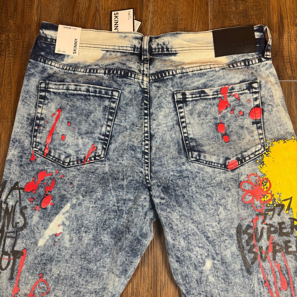 Rue 21 34 x 34 Premium Supreme Flex Skinny jean graffiti paint acid wash - Picture 3 of 13